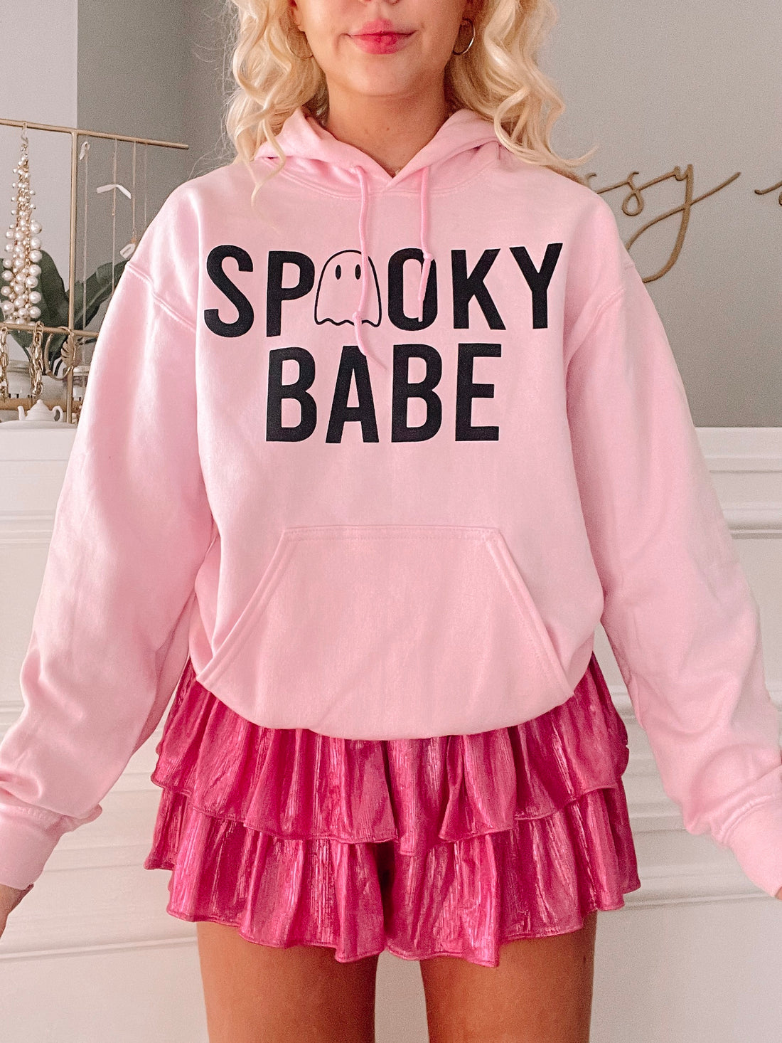 Pink Spooky Babe hoodie with ghost graphic
