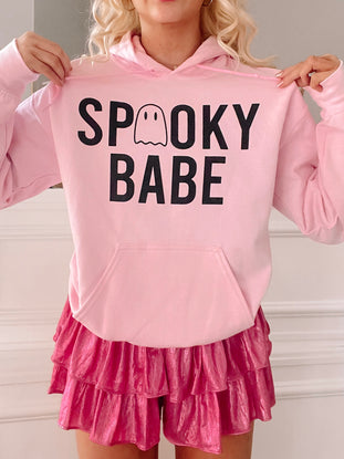 Pink Halloween hoodie featuring "Spooky Babe" text and a cute ghost graphic.