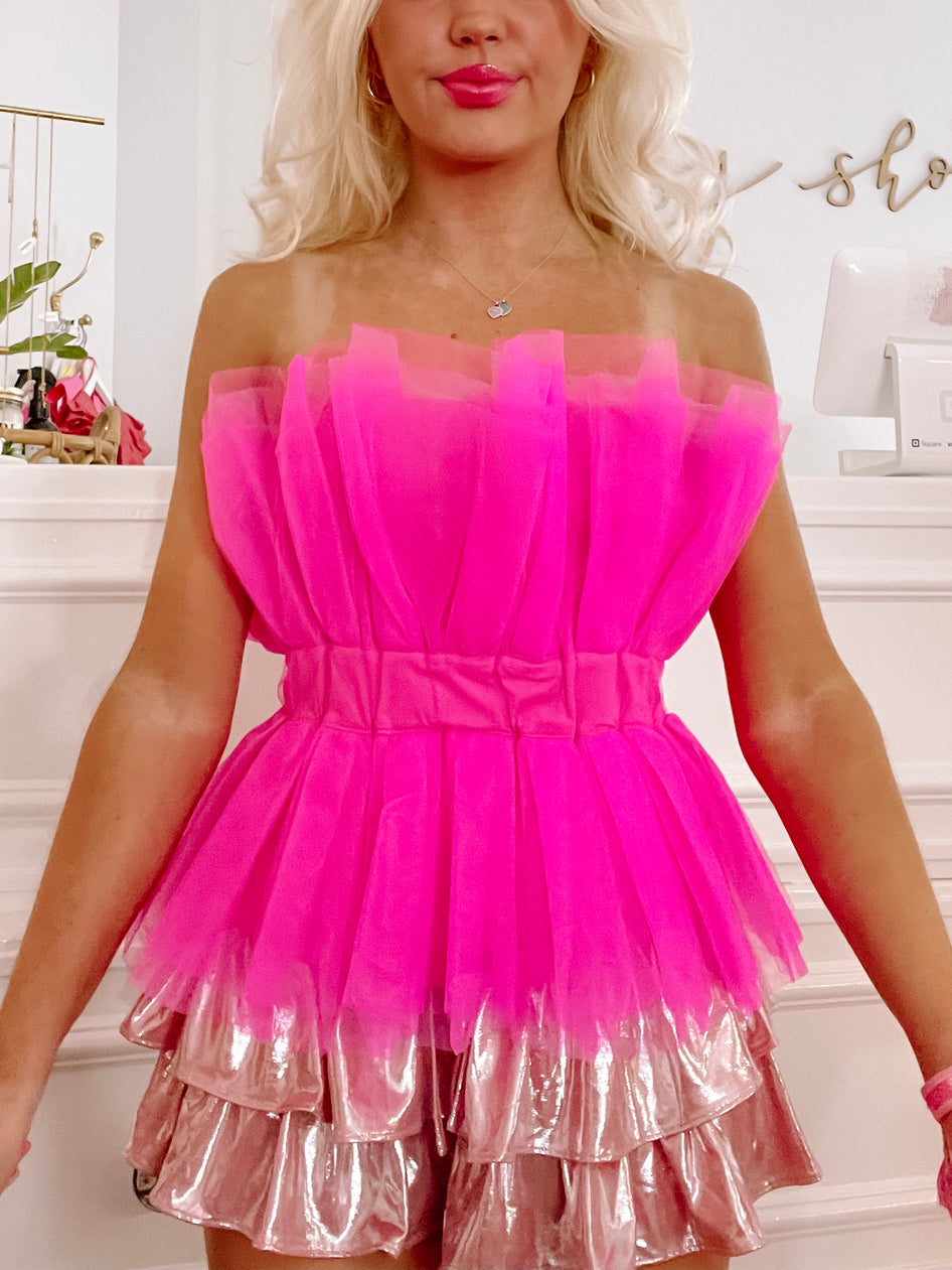 Pink Tulle Cool For School top with rose gold layered skirt.

