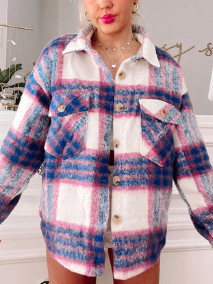 Marley Shacket: Cozy pink, blue & white plaid shacket for women.
