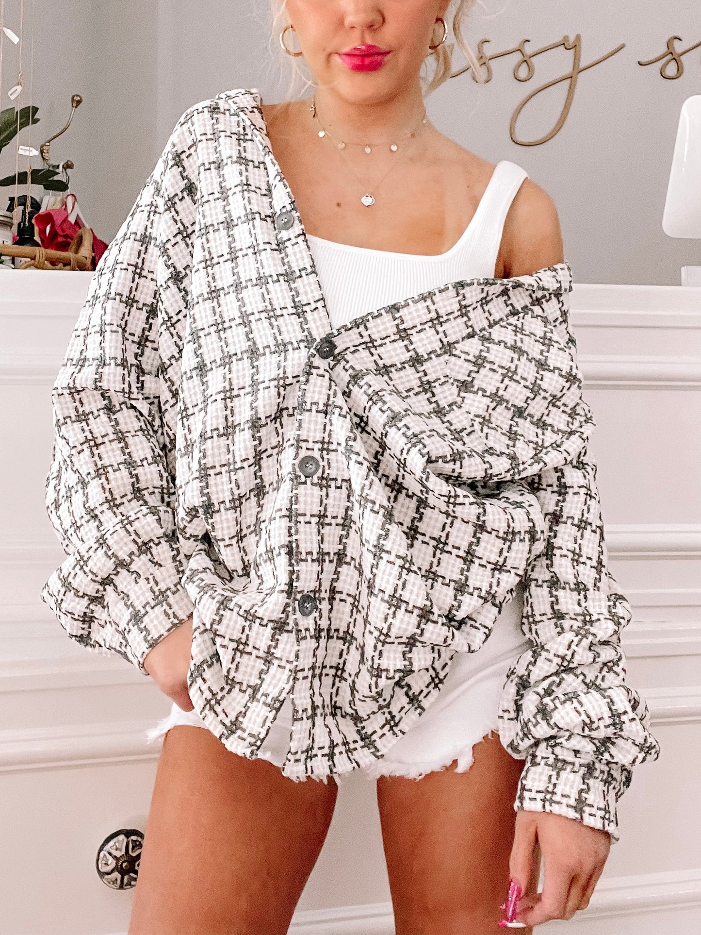 WHS TOP #7 cream and black tweed button-up shirt
