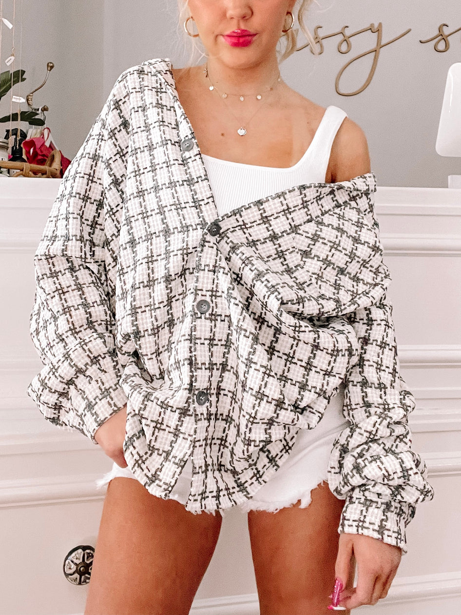 WHS TOP #7 cream and black tweed button-up shirt
