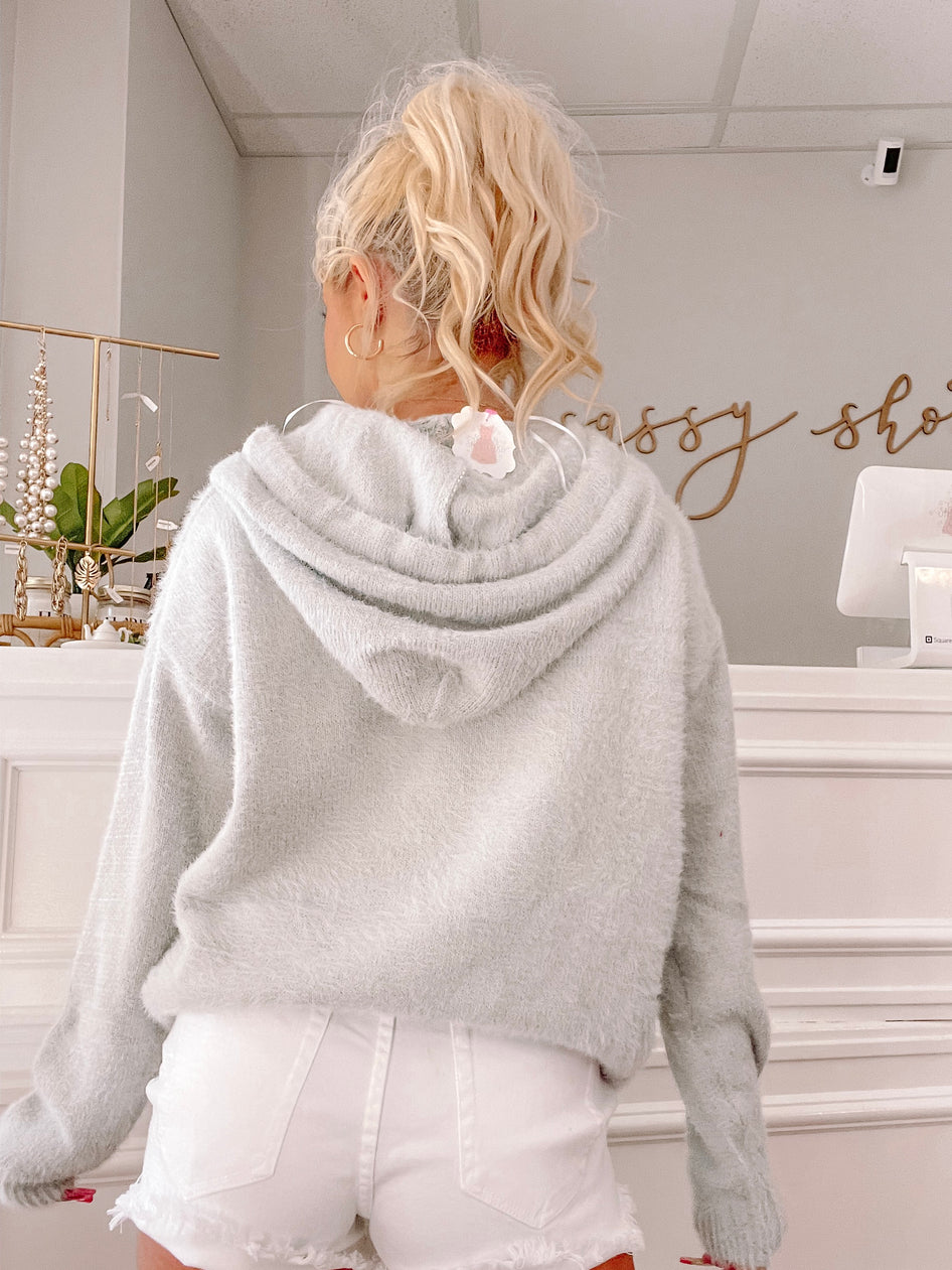 Light gray fuzzy pullover sweater with a hood, shown from the back in a boutique setting.
