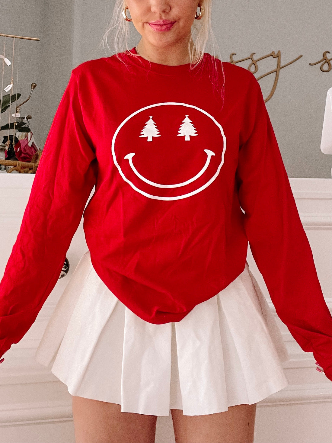 Red long-sleeve Christmas tree smiley face tee shirt

