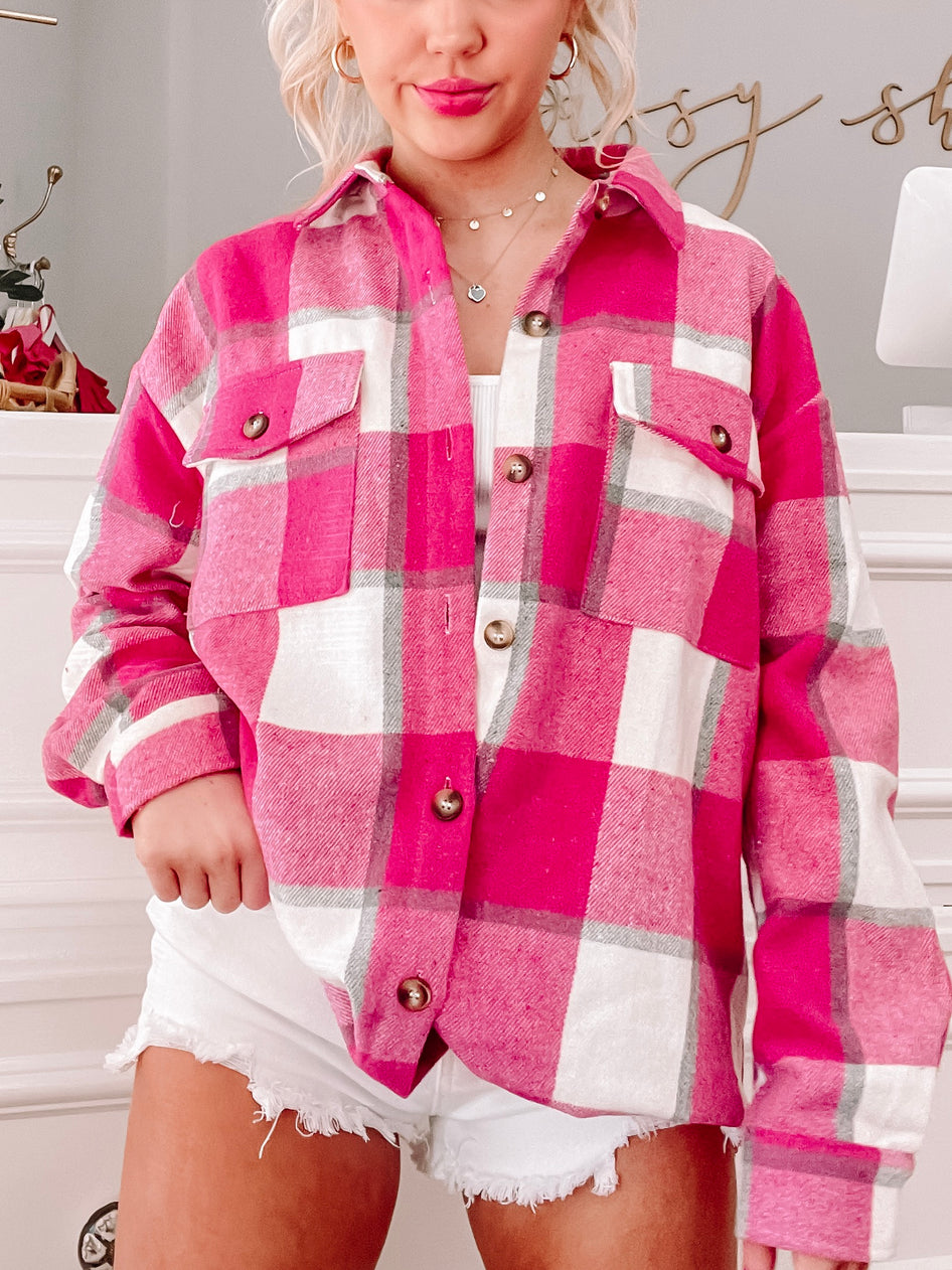 Pink and white plaid Tegan shacket with gray accents.
