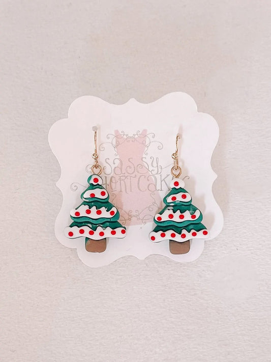 Hollaslay Christmas tree earrings: green & red design, gold hooks.
