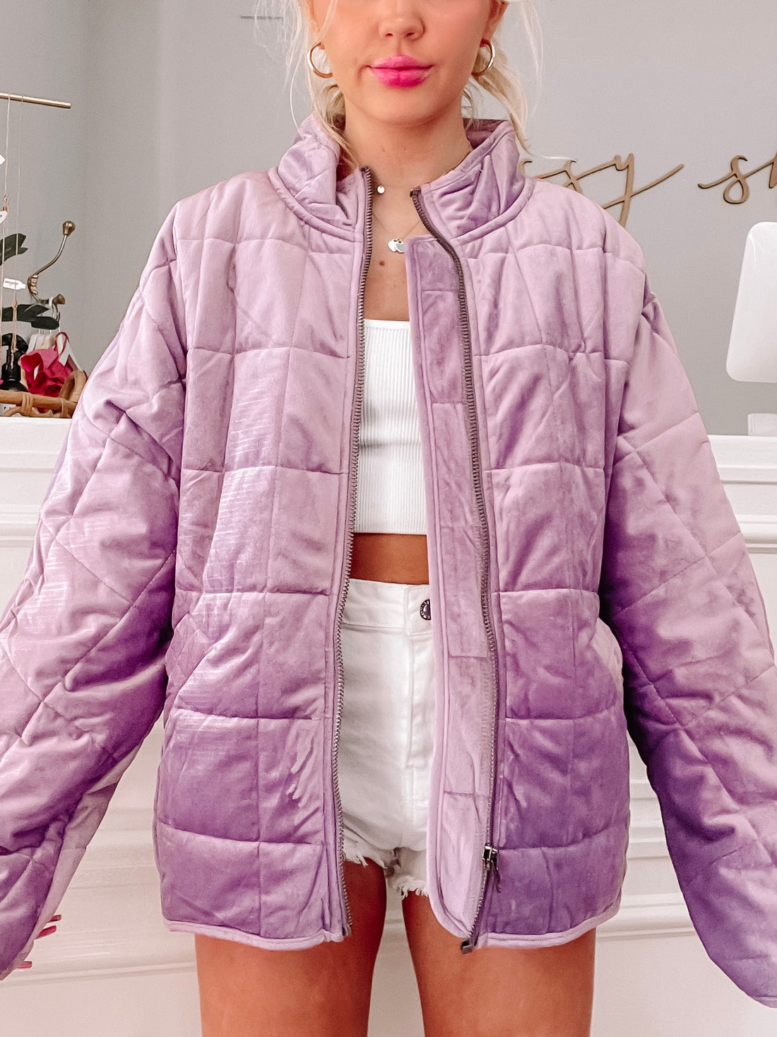 Lavender quilted velvet jacket, soft & cozy
