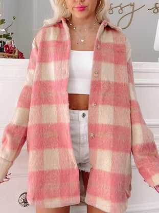 Pink and cream fuzzy oversized shacket, button-up,  perfect for fall.
