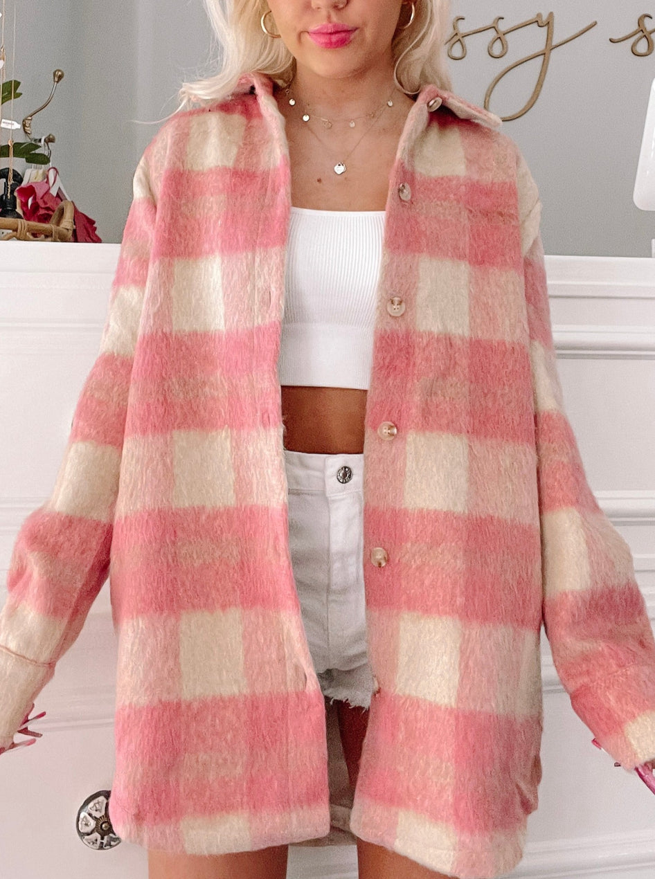 Pink and cream fuzzy oversized shacket, button-up,  perfect for fall.
