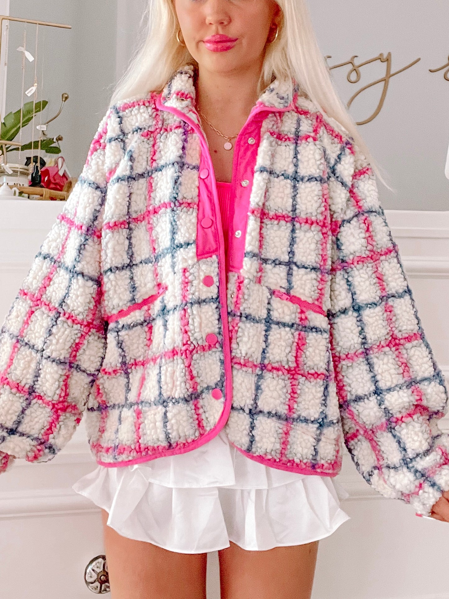 Heartbreaker Teddy Plaid Jacket: Cozy cream, pink & blue plaid sherpa jacket with hot pink lining.
