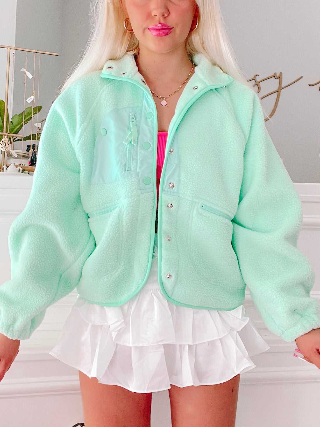 Seafoam Heartbreaker Jacket: Soft, mint green fleece jacket with snap buttons & pockets.
