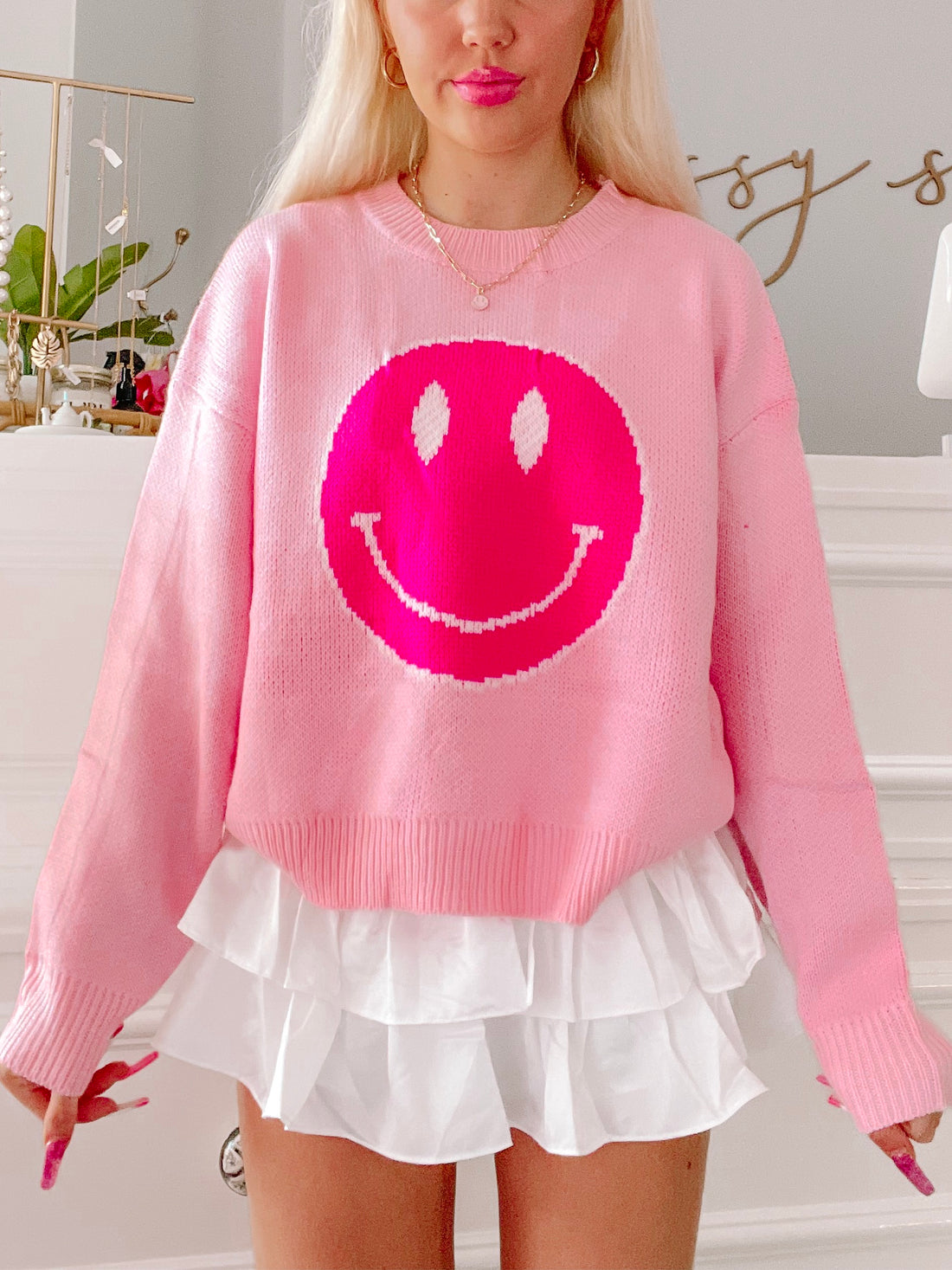 Pink Winkin n Pinkin smiley face sweater
