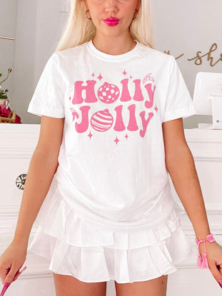 White Holly Jolly Christmas tee with pink retro design
