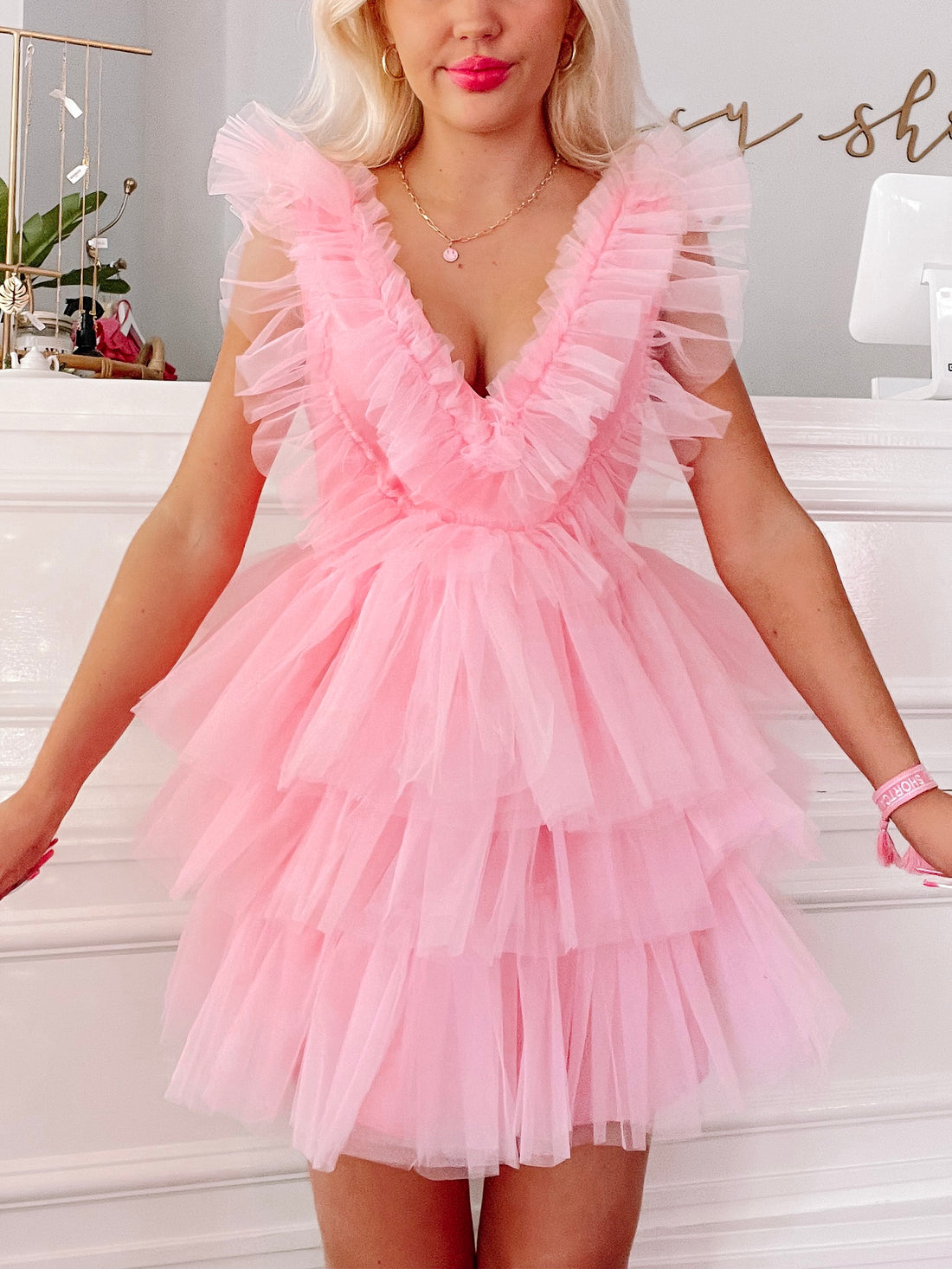 Candy Pink Tulle Good to Be True Dress:  layered tulle mini dress, v-neck, ruffled bodice.
