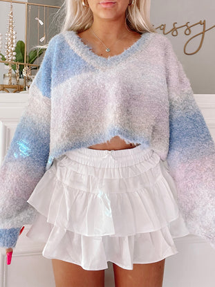 Pastel blue, pink & white ombre fuzzy cropped sweater; perfect for a cozy winter day.
