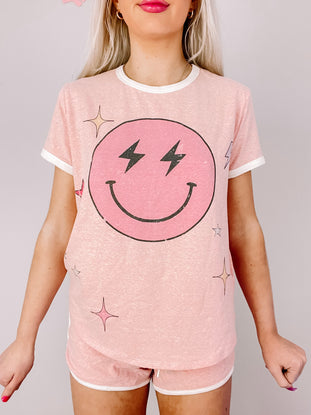 Pink Electric Dreams short sleeve PJ set with smiley face graphic
