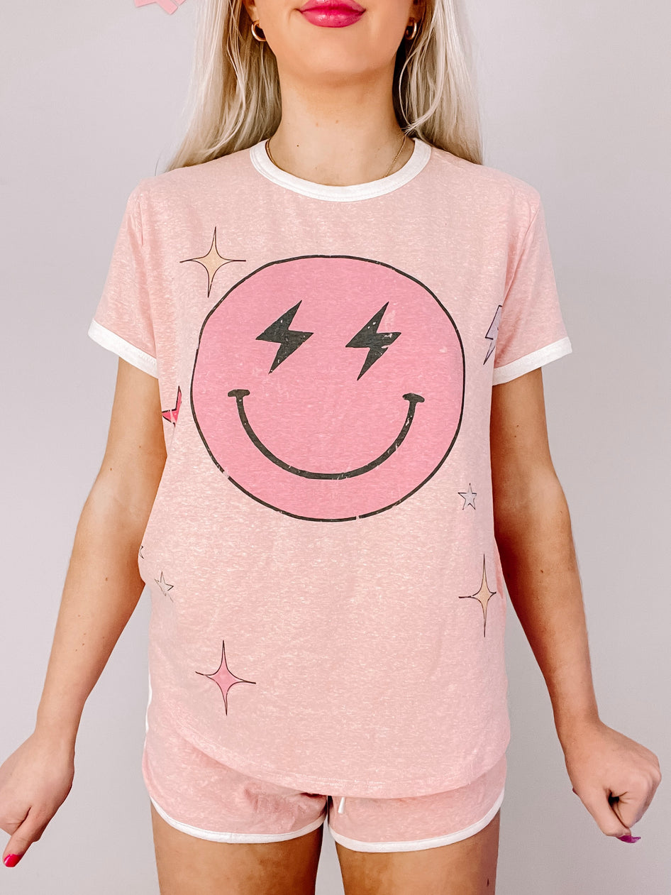Pink Electric Dreams short sleeve PJ set with smiley face graphic
