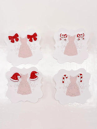 Sassy Shortcake Red Holiday Mini Earrings: bows, Santa hats, candy canes
