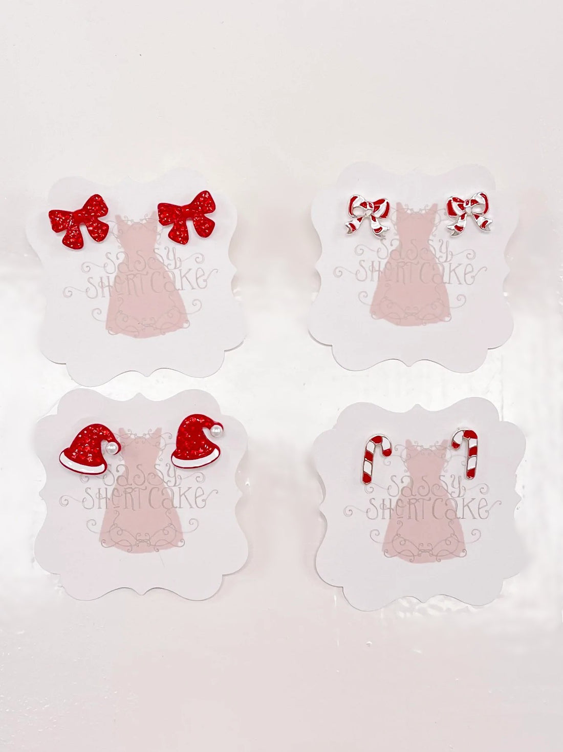 Sassy Shortcake Red Holiday Mini Earrings: bows, Santa hats, candy canes
