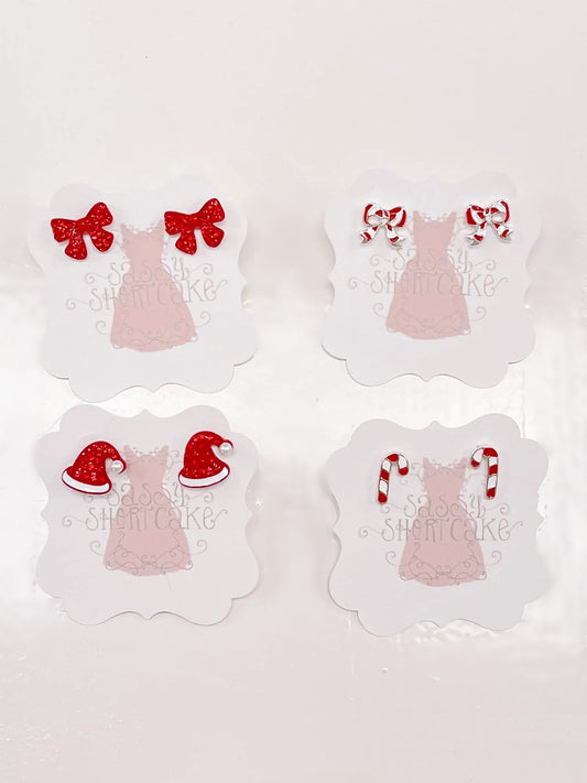 Sassy Shortcake Red Holiday Mini Earrings: bows, Santa hats, candy canes
