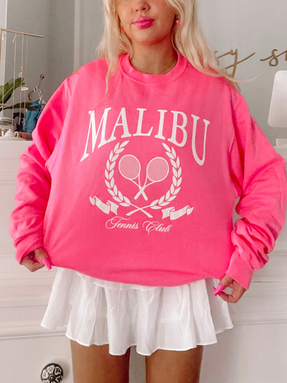 Pink Malibu Club crewneck sweatshirt with tennis club graphic
