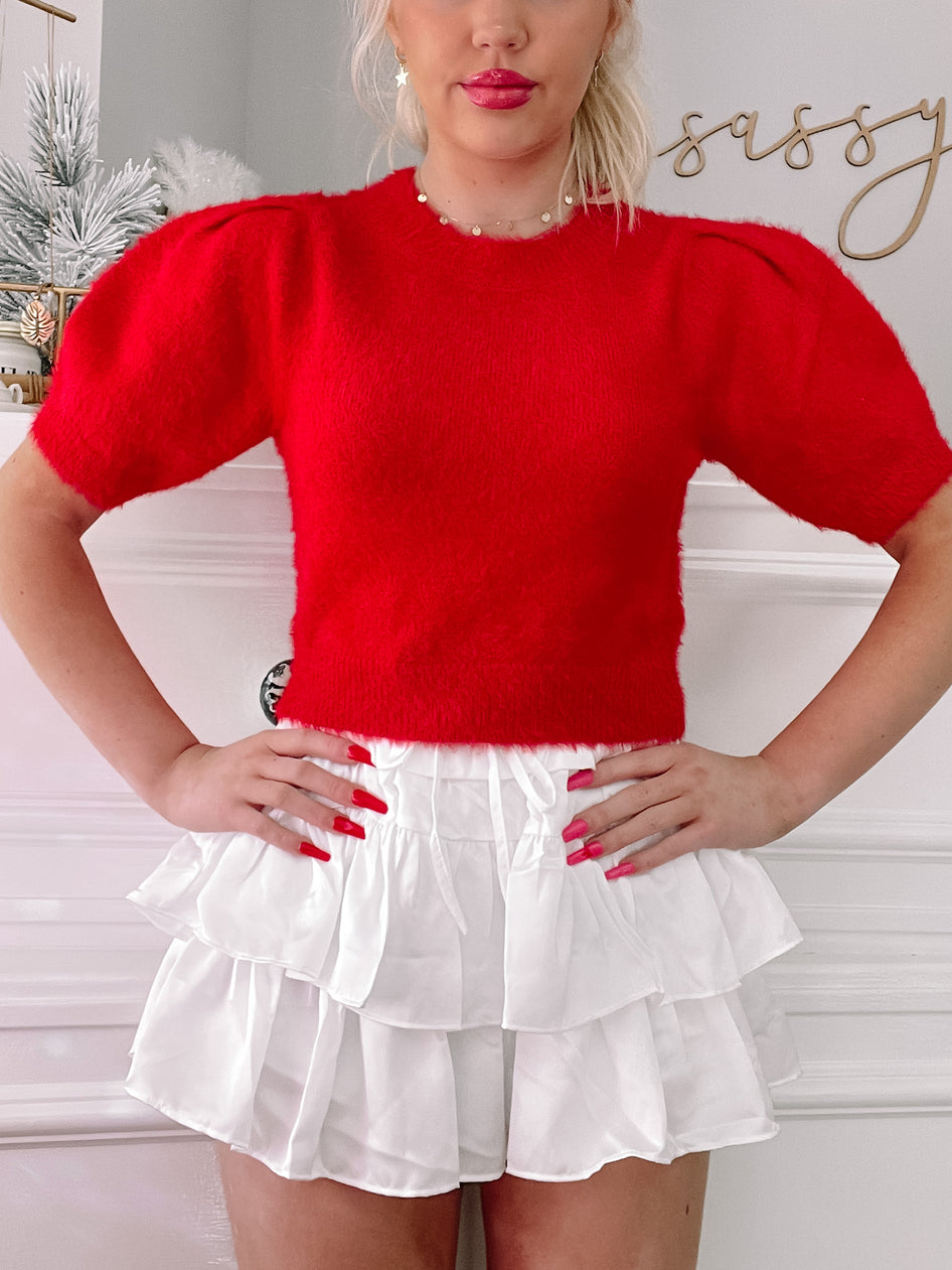 Red fuzzy short-sleeve sweater; Sweet Scarlet Top
