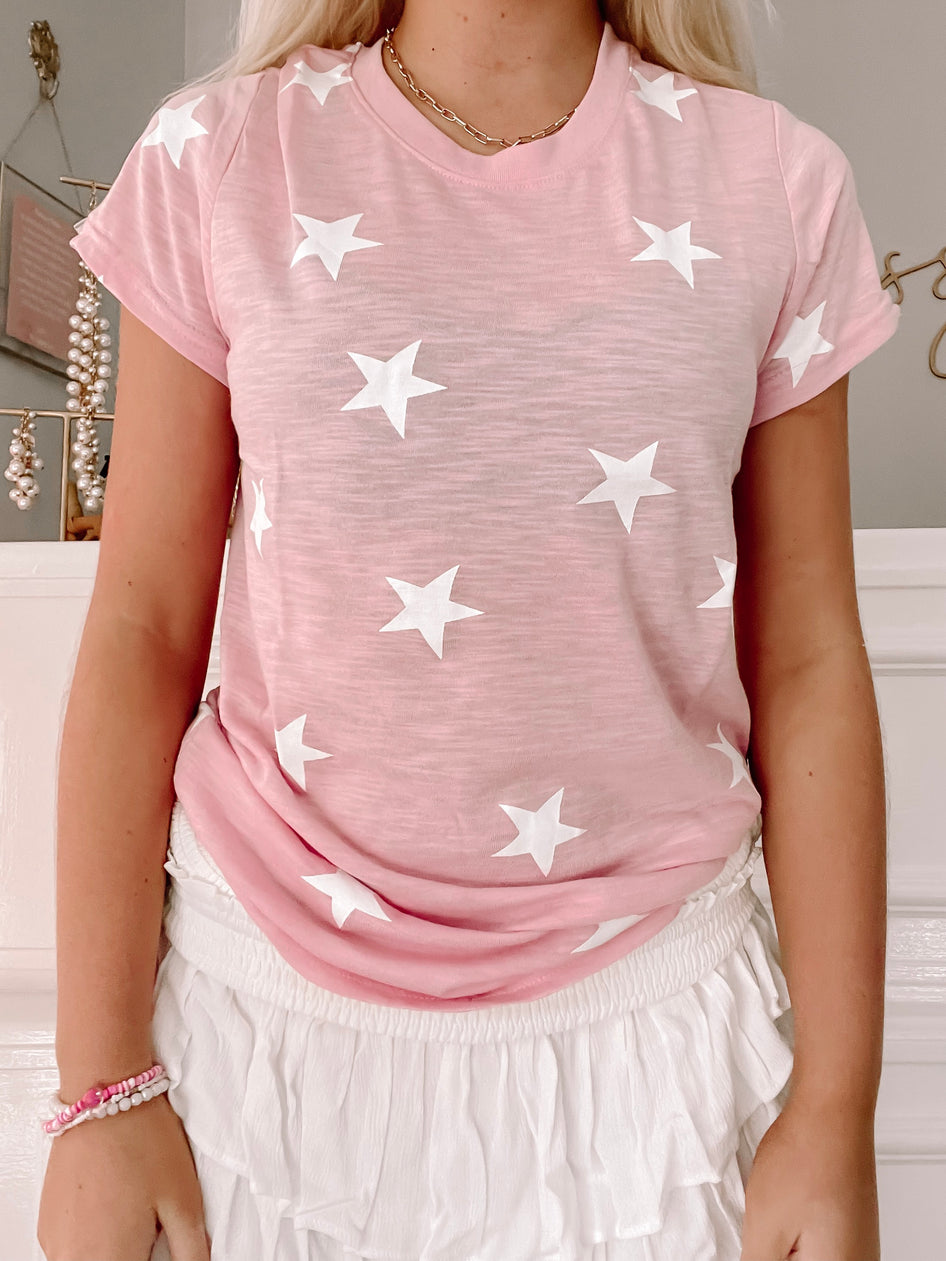 Pink short-sleeve tee with white stars; Wishing On A Star Tee
