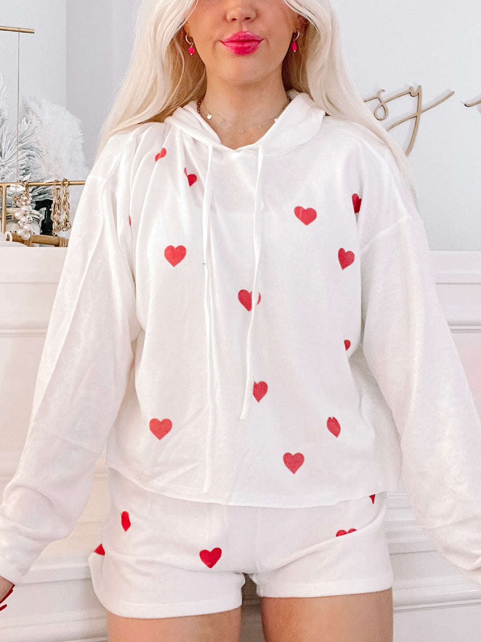 White Love All Over PJ set with red heart print; comfortable lounge set.
