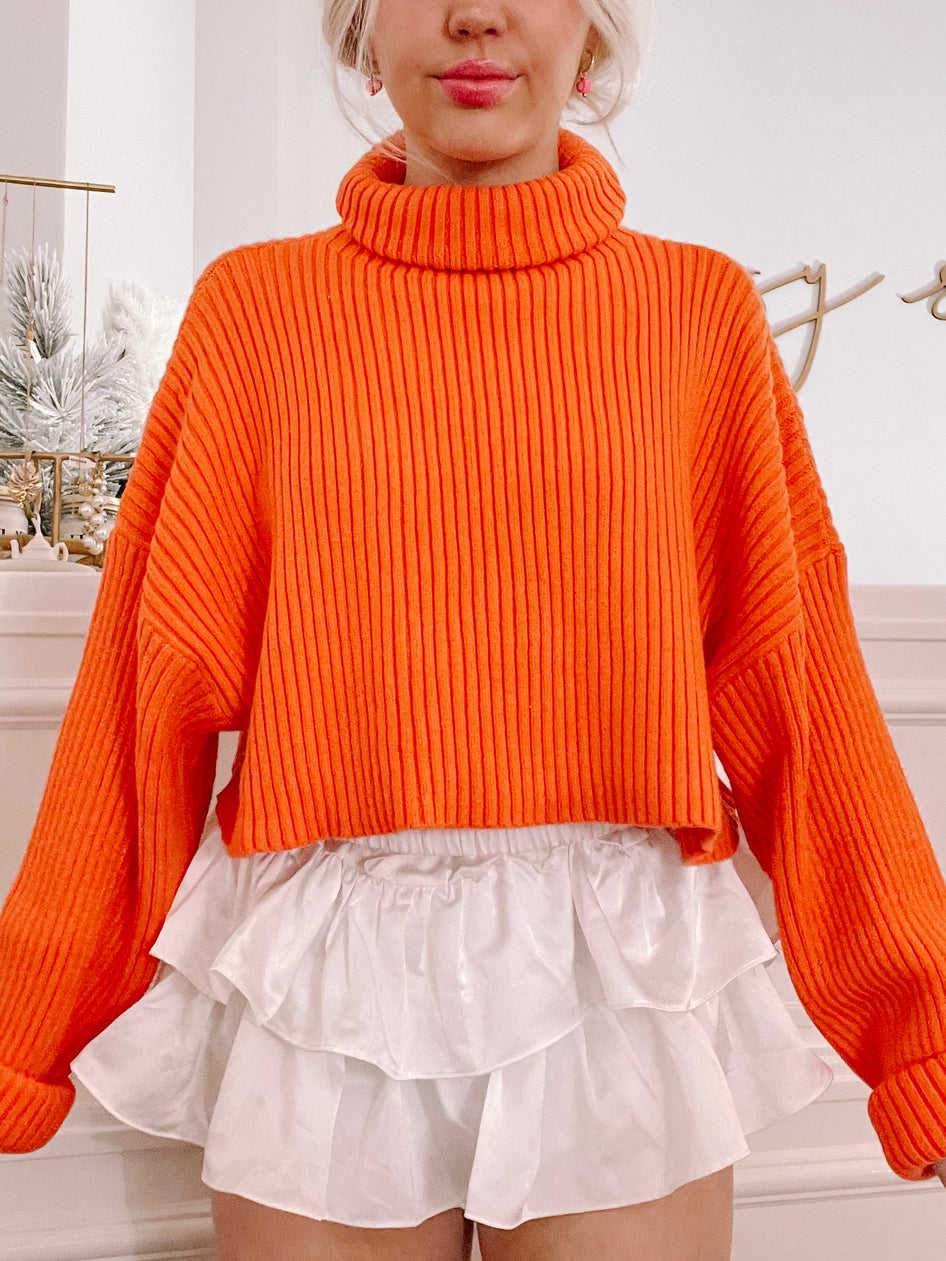 Orange ribbed knit Sydney Sweater, cropped fit
