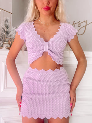 Lavender Haze Set:  Lilac knit crop top & mini skirt with scalloped edges and bow detail.
