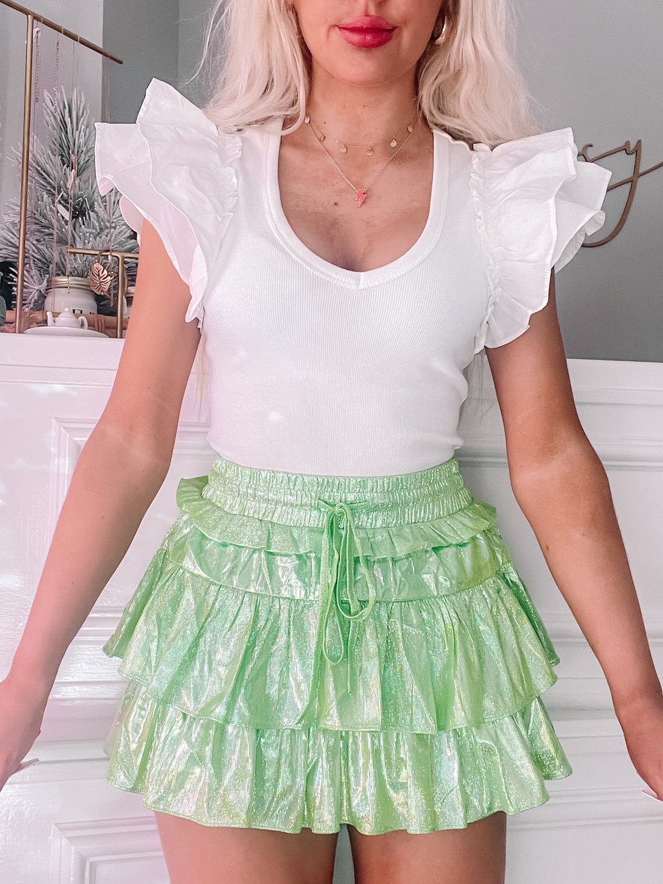 Lime green Flirtatious Sparkle skirt; tiered ruffle mini skirt with drawstring waist.
