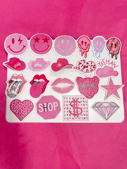 Sassy Sticker Pack: 16 pink & sparkly stickers featuring smiley faces, hats, lips, & more!
