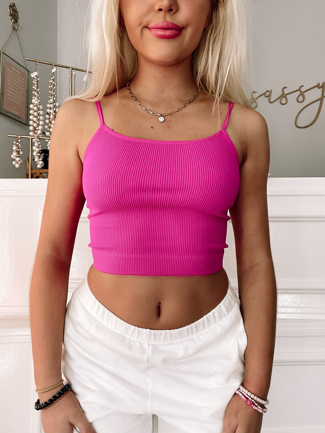 Ribbed hot pink crop top with spaghetti straps
