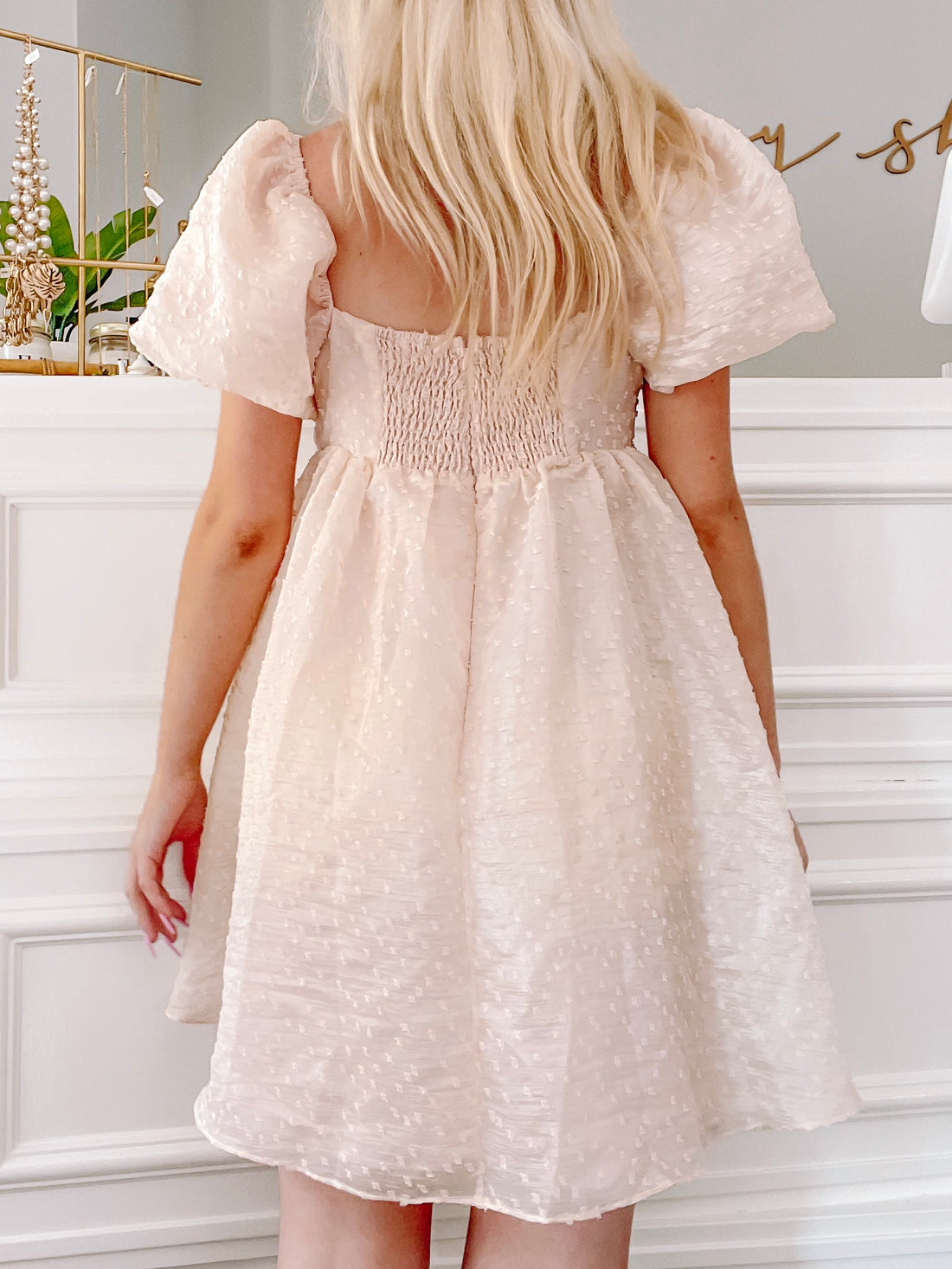 Cream eyelet mini dress with puff sleeves, shown from the back against a white wall.
