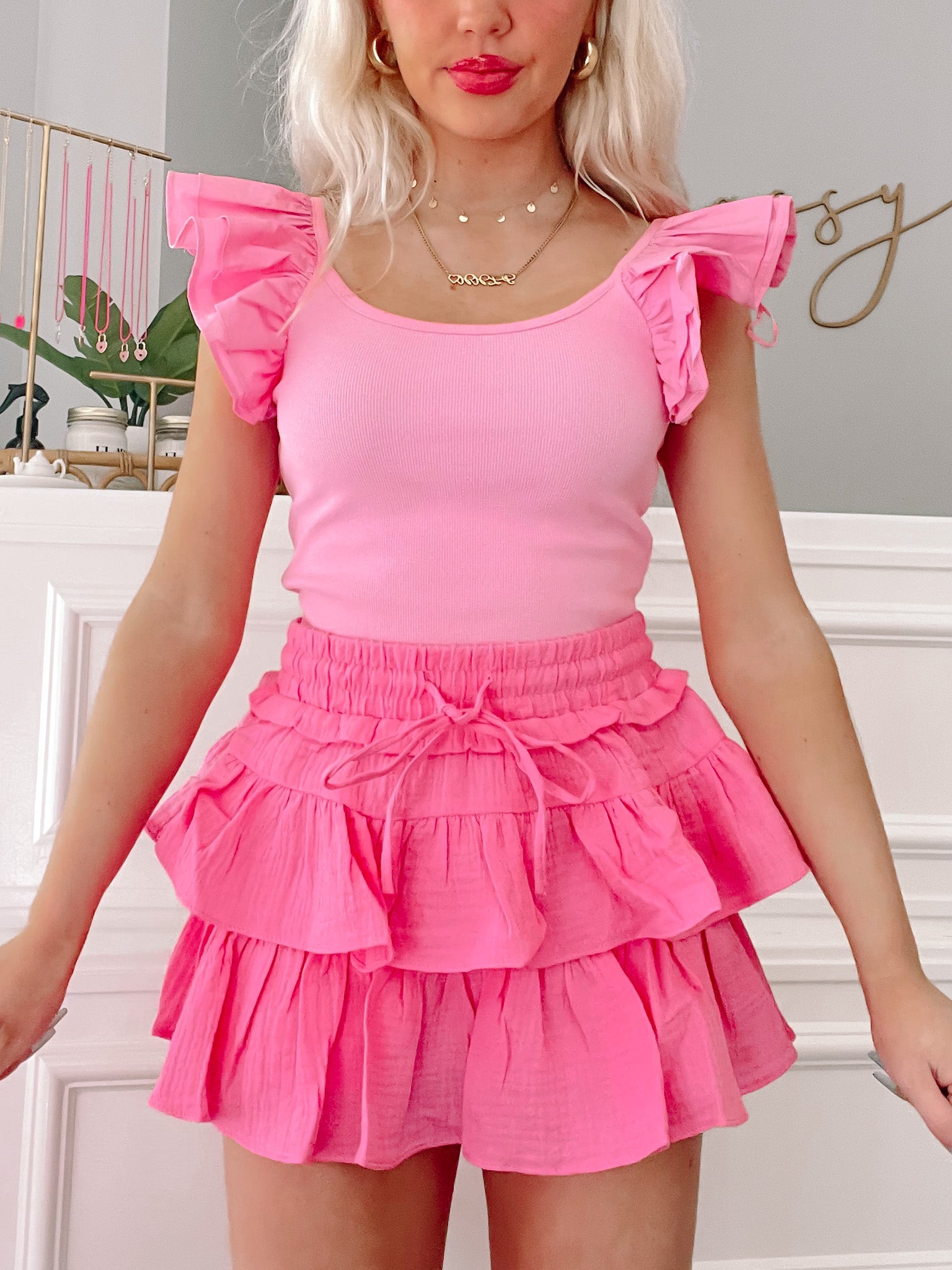 Flirtatious Pink Linen Ruffle Skirt Sassy Shortcake