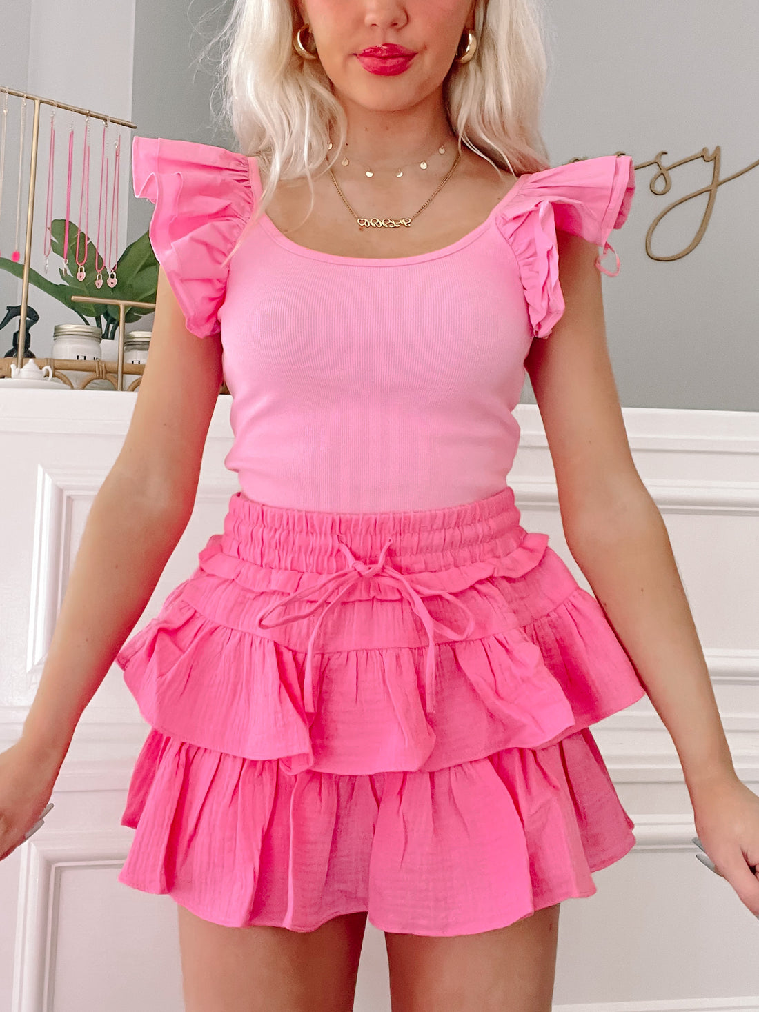 Pink linen ruffle skirt with drawstring waist
