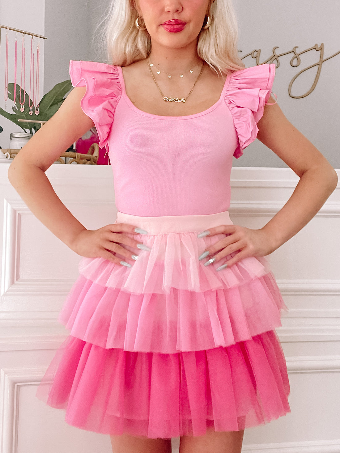 Pink tulle layered mini skirt, pastel ombre effect.
