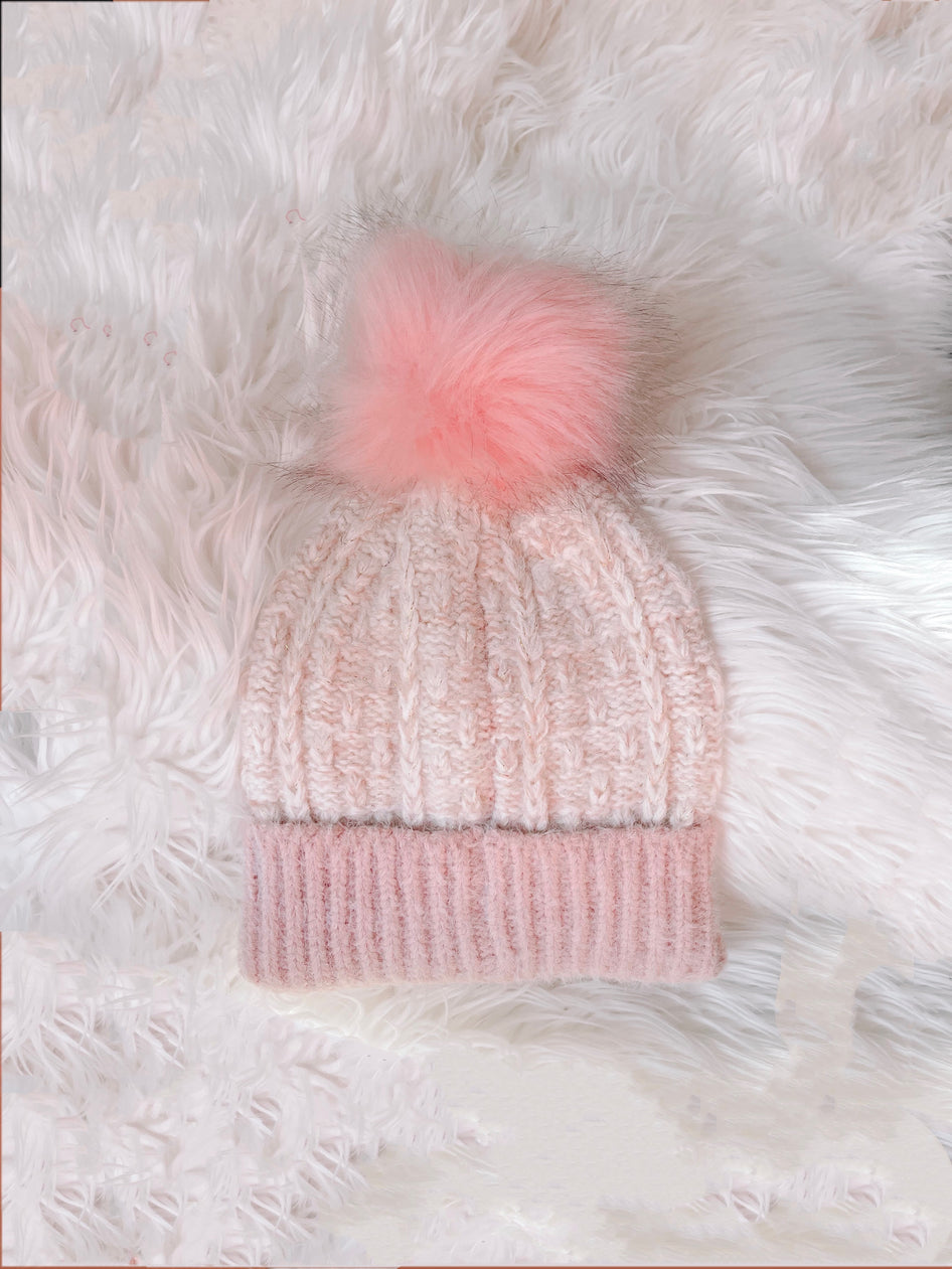 Pink Ski Bunny beanie with fluffy pompom, soft knit winter hat
