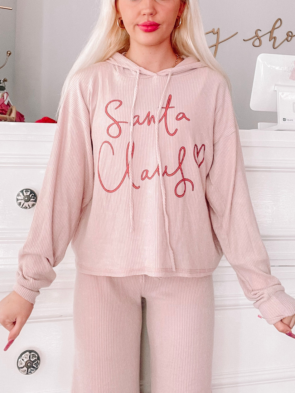 Pink Santa Claus Christmas PJ set, ribbed knit hoodie & pants.
