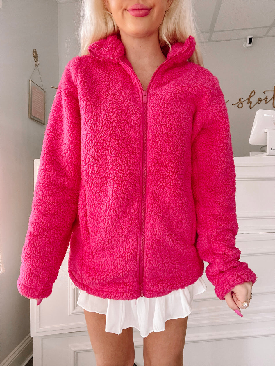 Pink Tickle Me sherpa zip-up jacket; cozy, soft.
