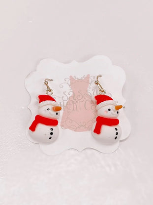 Adorable snowman dangle earrings; red hat & scarf, gold hooks.
