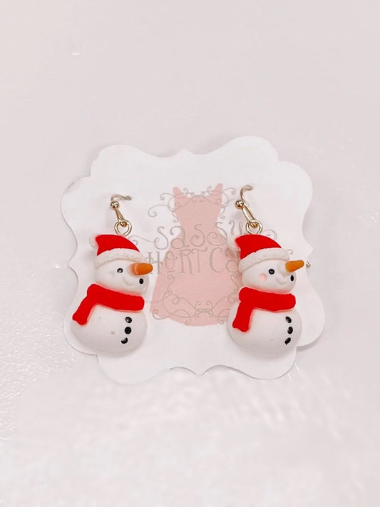 Adorable snowman dangle earrings; red hat & scarf, gold hooks.

