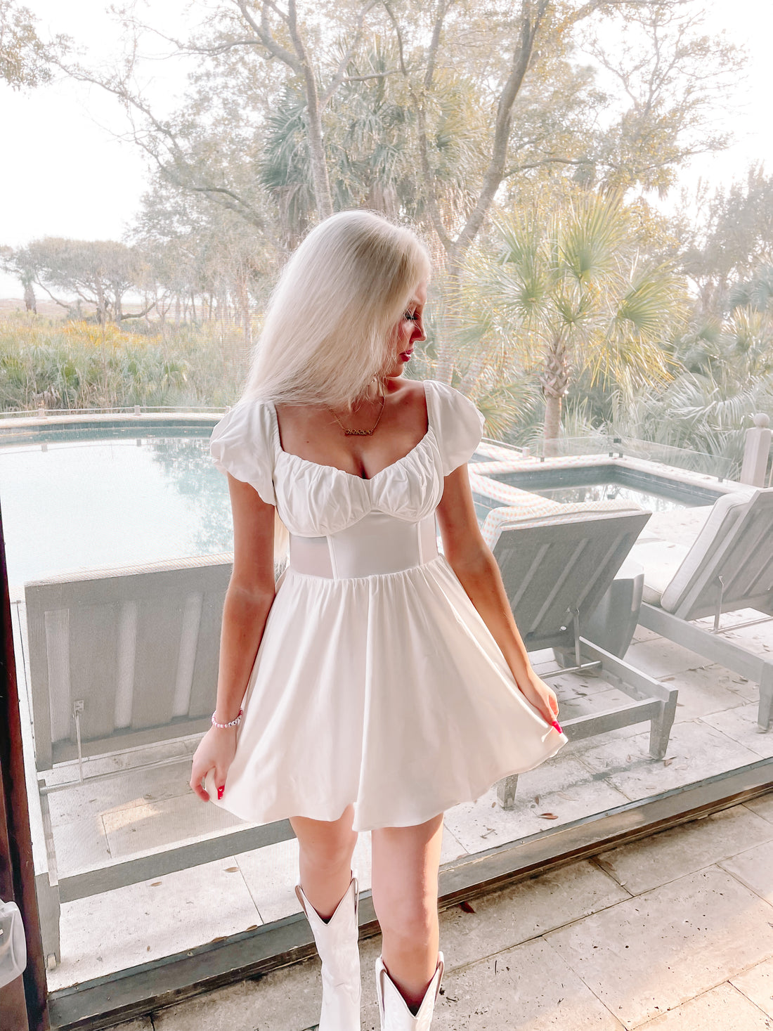 White Seeking Summer dress:  Sweetheart neckline, puff sleeves, fit-and-flare silhouette. Perfect for summer!
