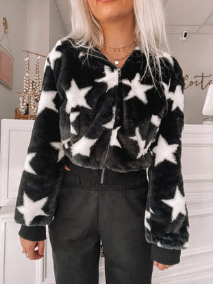 Black & white star print faux fur All Star zip-up jacket
