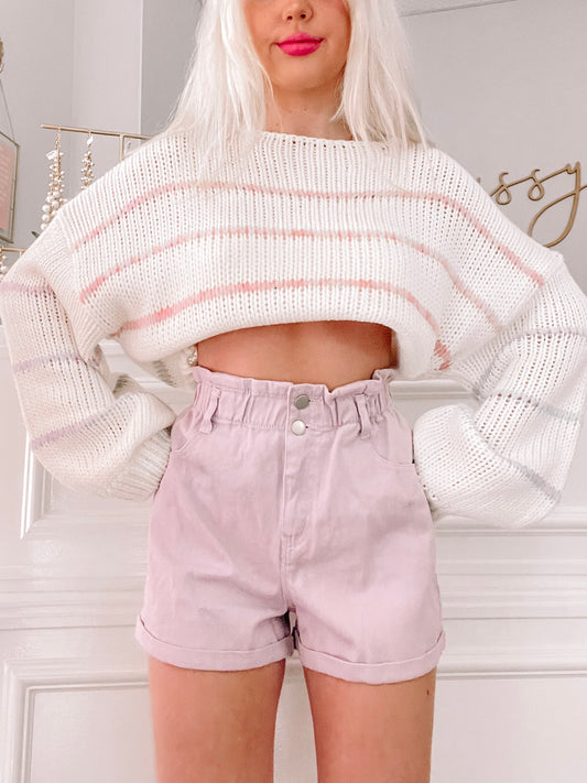 Lavender Savannah paperbag waist denim shorts
