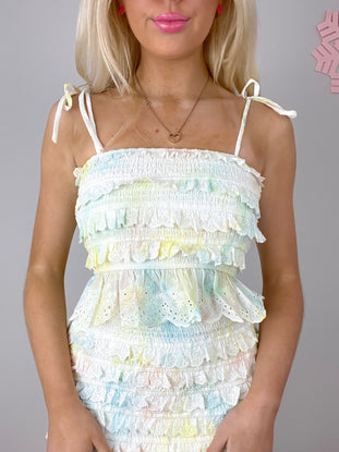 Oh My Daze Top: White eyelet tie-shoulder top with pastel tie-dye and ruffled detailing.
