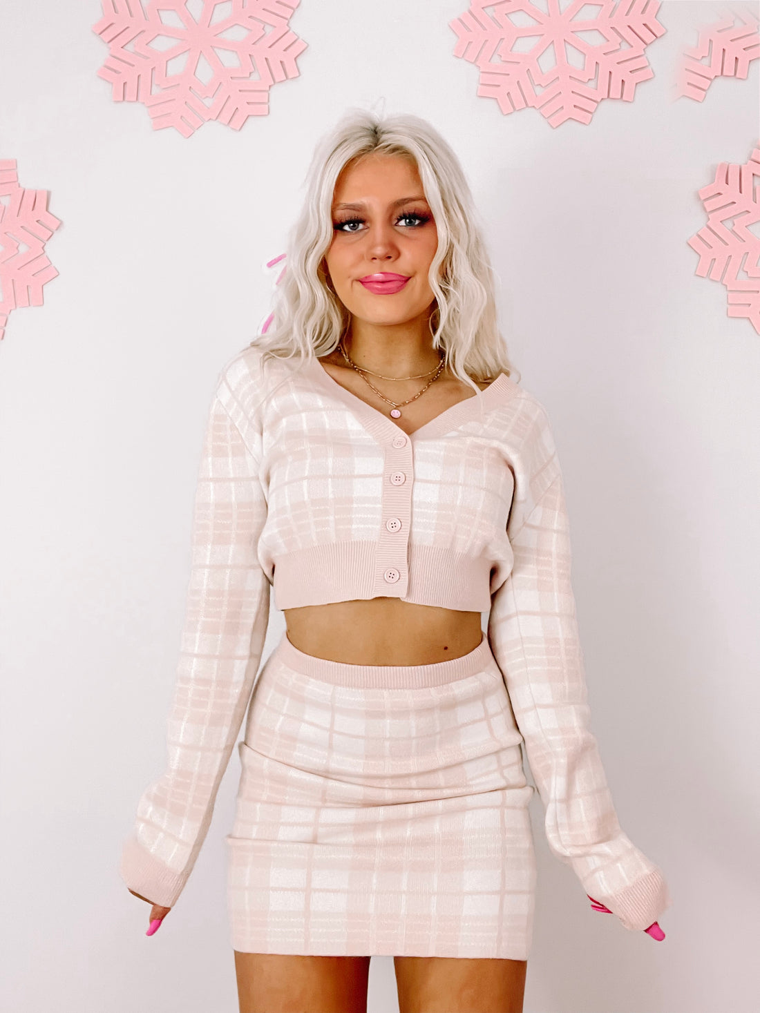 Kimber Plaid Cardigan:  Blush pink & white knit cardigan & skirt set; button-front cropped cardigan, matching mini skirt.
