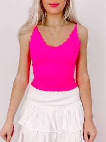 Hot pink ribbed Flamingo Frills top with scalloped edges.
