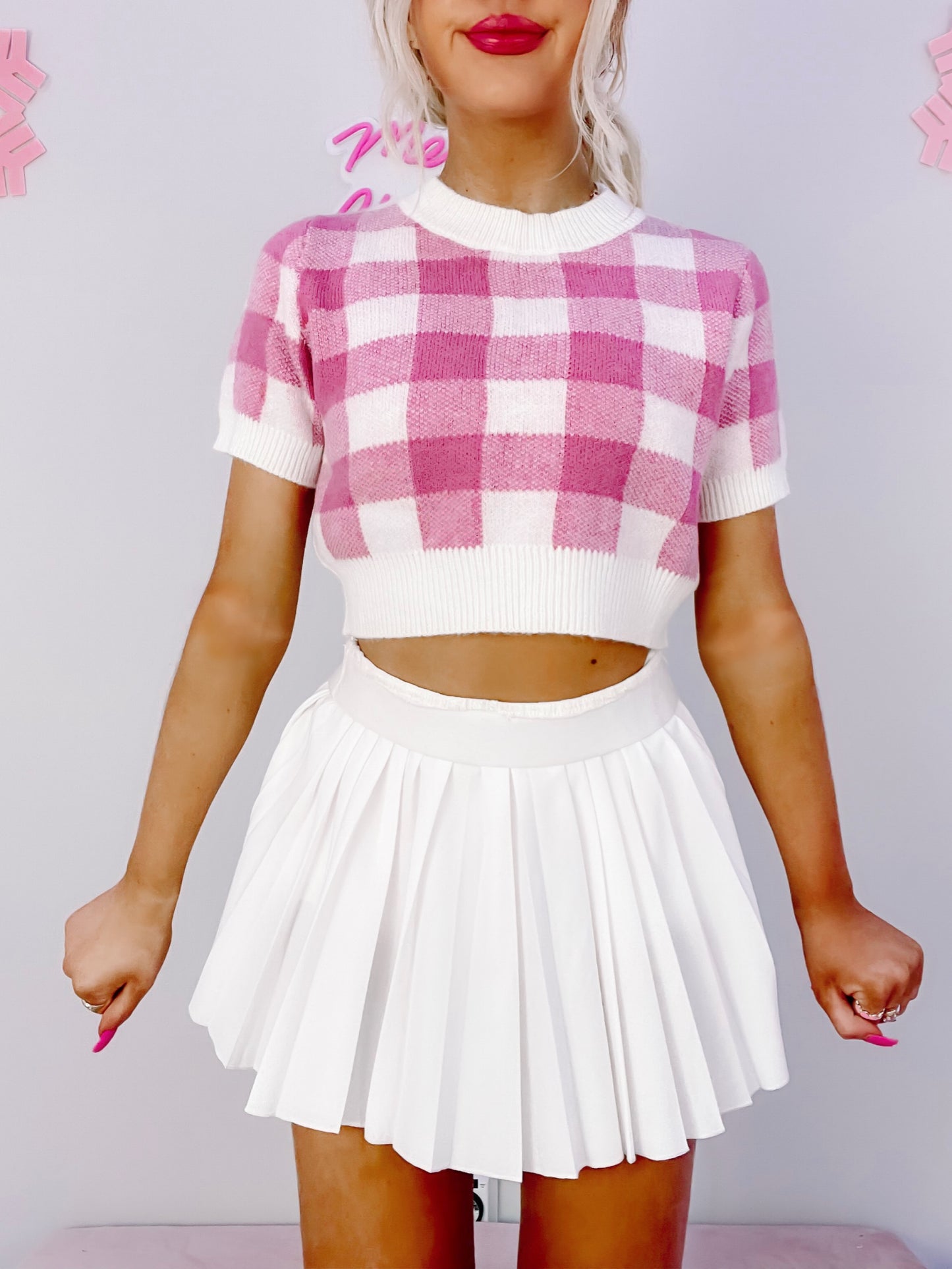 Pink and white gingham Giselle cropped sweater
