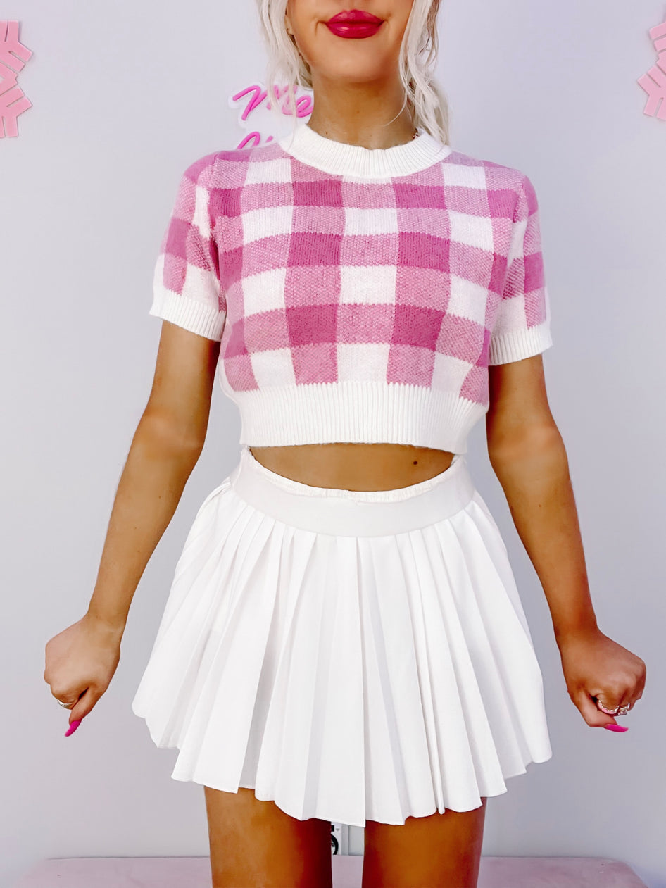 Pink and white gingham Giselle cropped sweater
